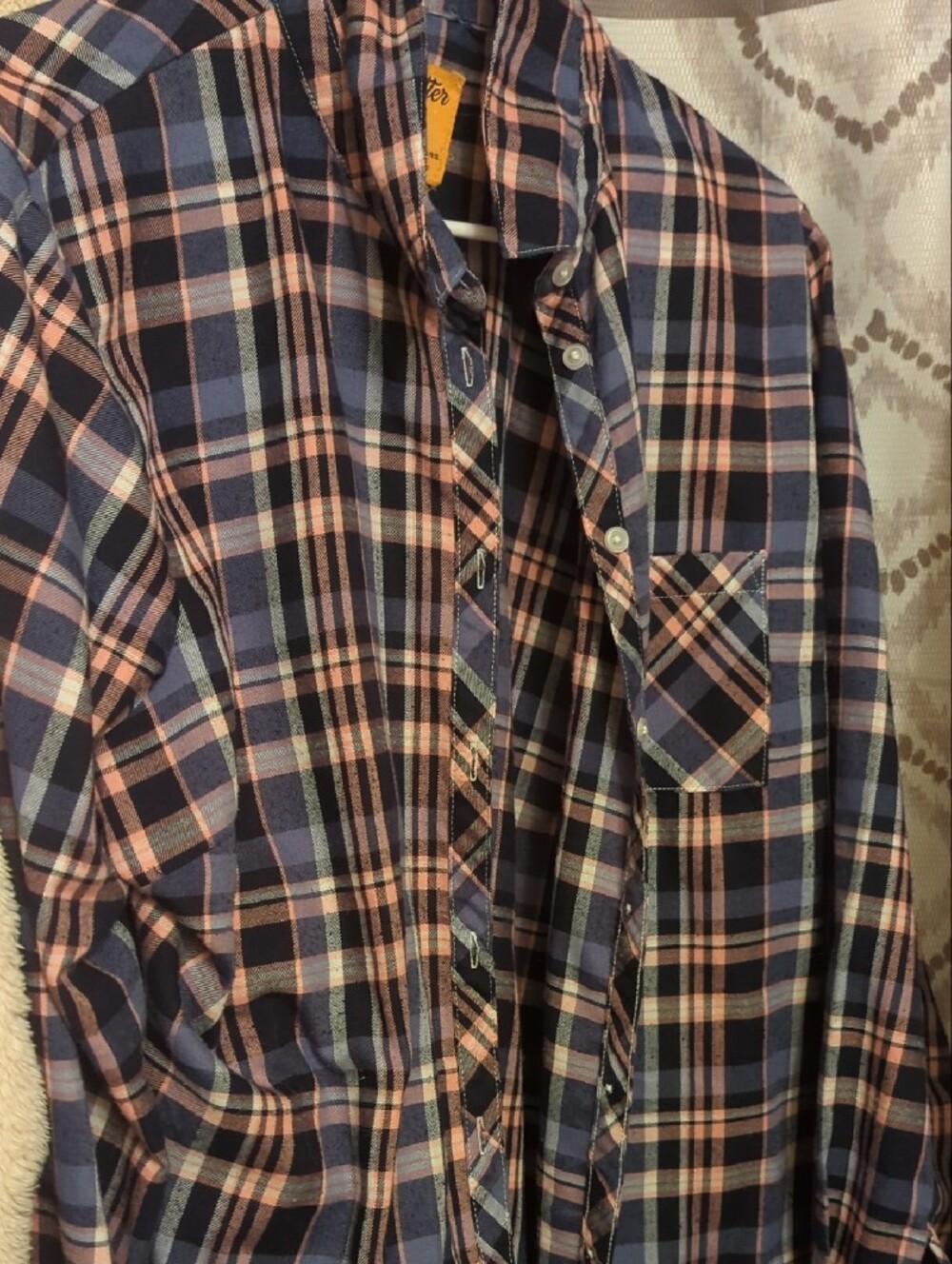 Navy and Peach Plaid Button-Down Shirt with Colorful Back Patch - Picture 3 of 4